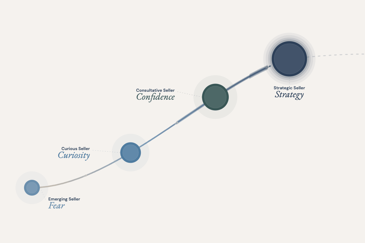 The Sales Confidence Journey: Emerging Seller (Fear) → Curious Seller (Curiosity) → Consultative Seller (Confidence) → Strategic Seller (Strategy)